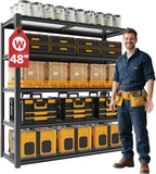 48-inch solid steel 5-tier storage shelving unit with black frame and open shelves