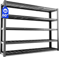 5-tier wire mesh shelving unit with dark gray steel frame and open grid shelves