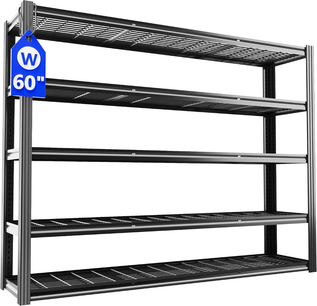 5-tier wire mesh shelving unit with dark gray steel frame and open grid shelves