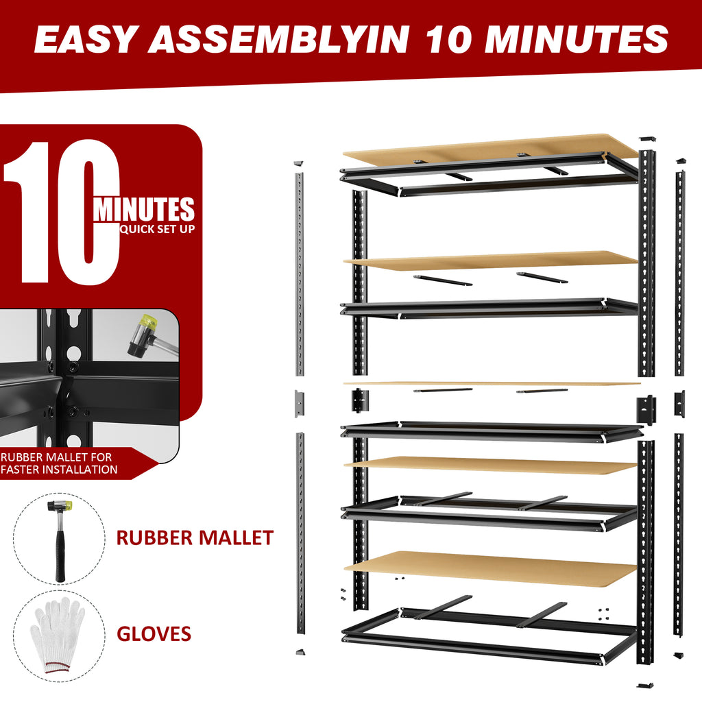 Bolt-together 5-tier shelf rack with dark frame and beige board shelves