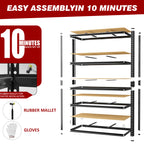 Bolt-together 5-tier shelf rack with dark frame and beige board shelves