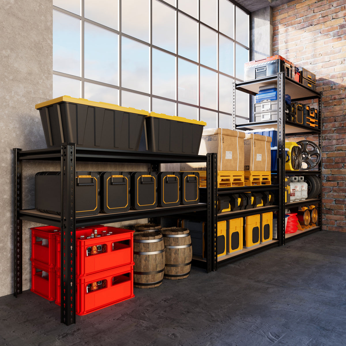 Black 5-tier MDF wood board shelving unit with steel frame, holding storage bins