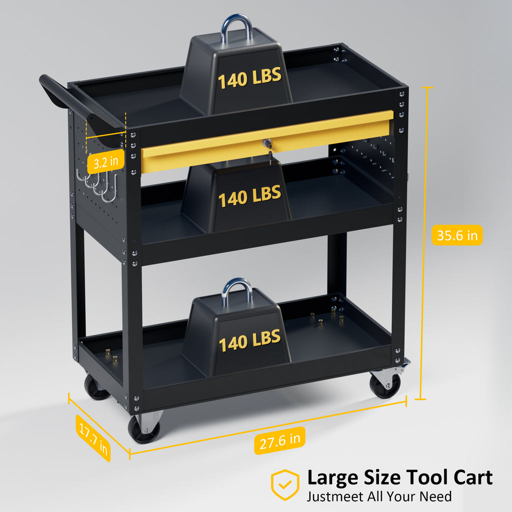 Large rolling tool cart with dark frame, yellow drawer shelf, and three storage levels