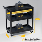 Large rolling tool cart with dark frame, yellow drawer shelf, and three storage levels