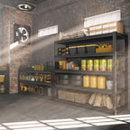 5-tier steel shelving unit in industrial space with bins, jars, and boxes on shelves