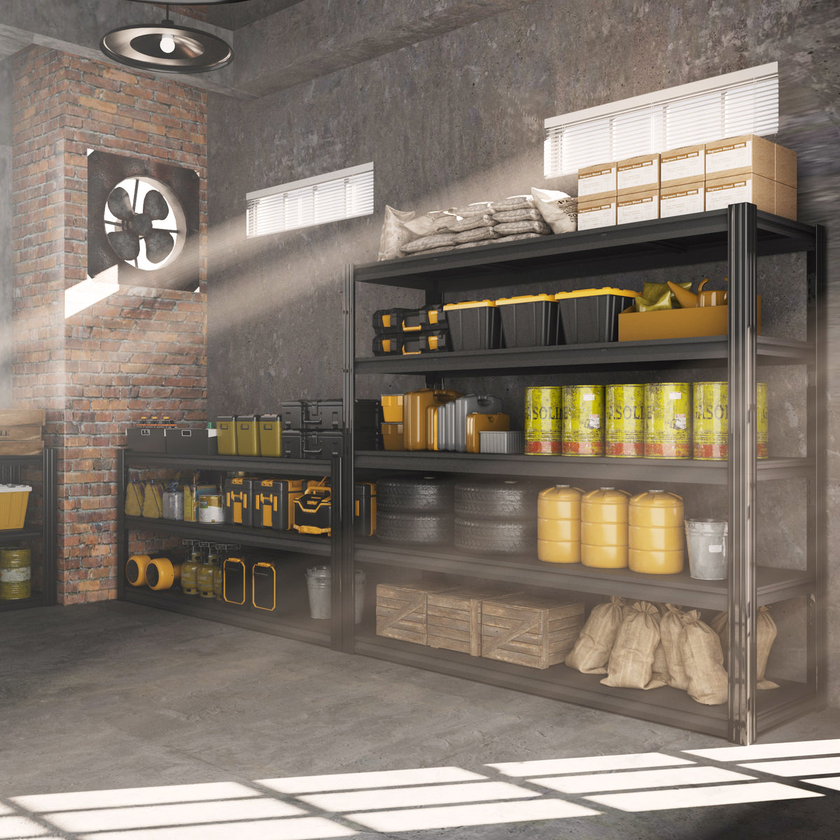 5-tier steel shelving unit in industrial space with bins, jars, and boxes on shelves