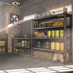 Black 5-tier steel shelving unit in garage setting with pantry containers and baskets