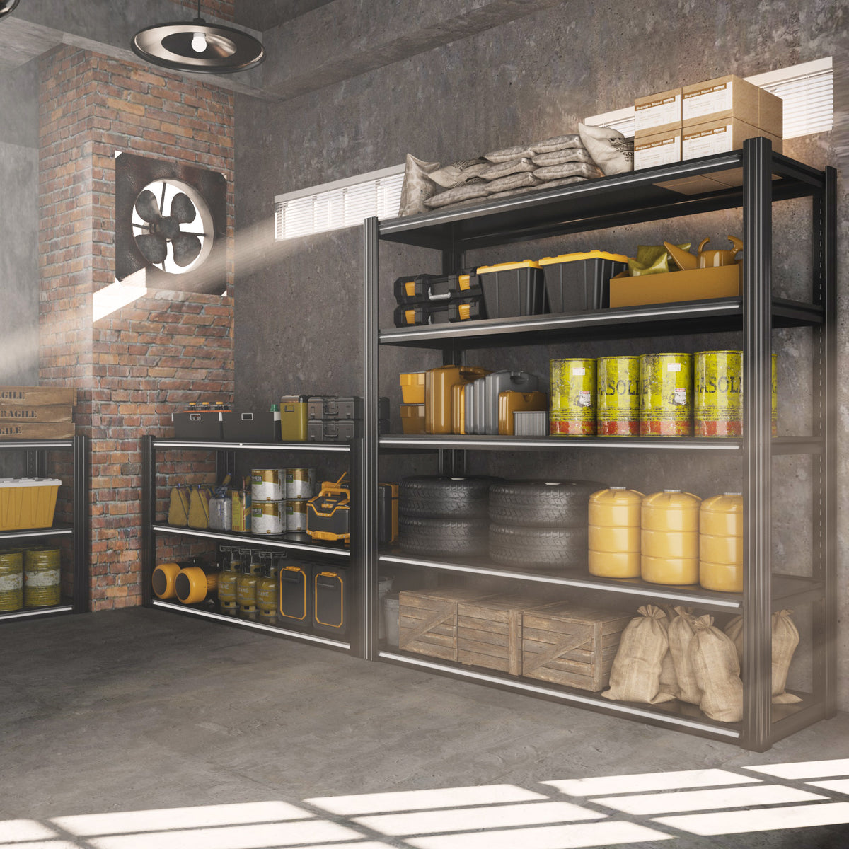 Black 5-tier steel shelving unit in garage setting with pantry containers and baskets