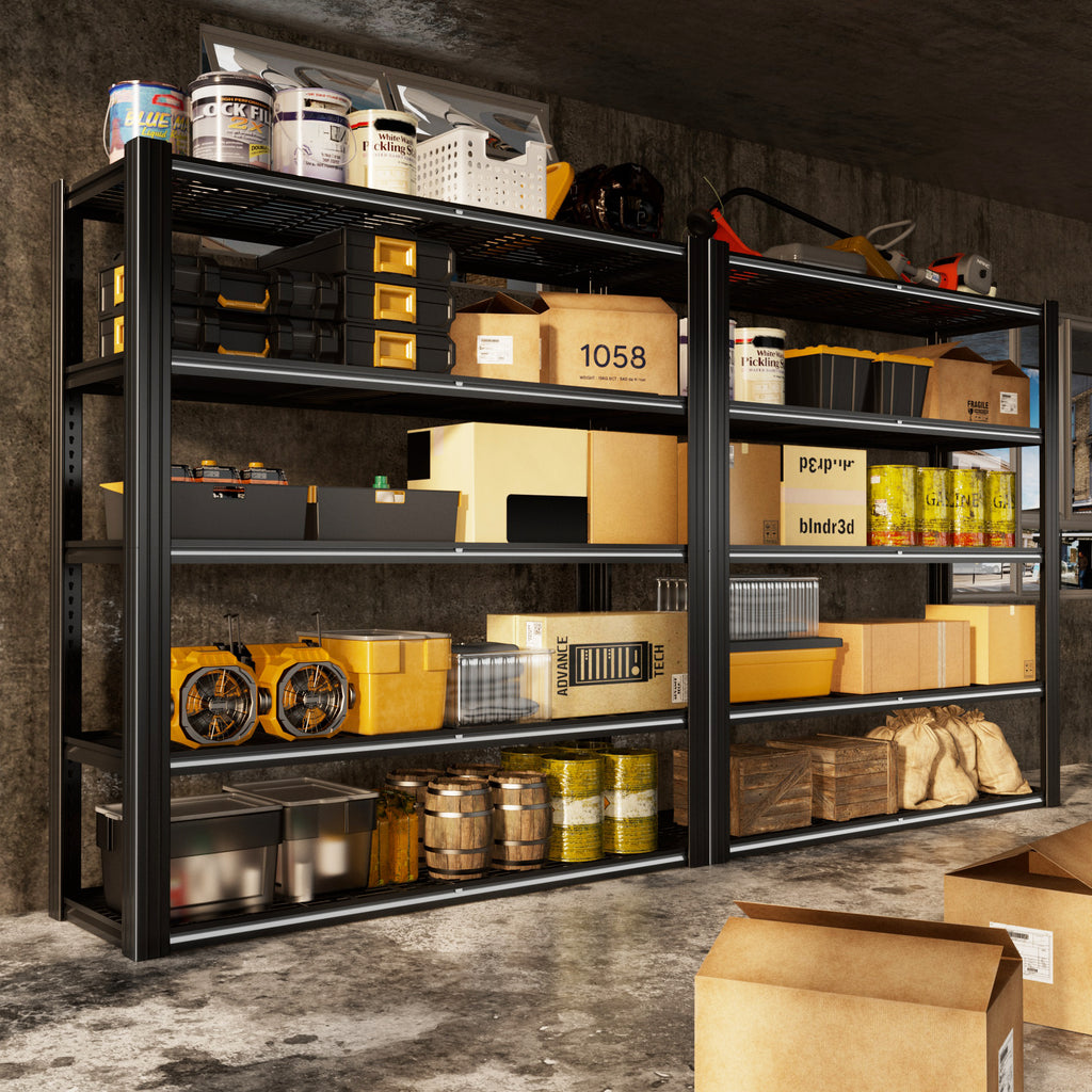 Black 5-tier wire mesh storage shelving rack with bins, boxes, and containers