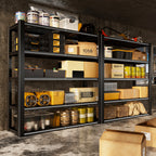 Black 5-tier wire mesh storage shelving rack with bins, boxes, and containers