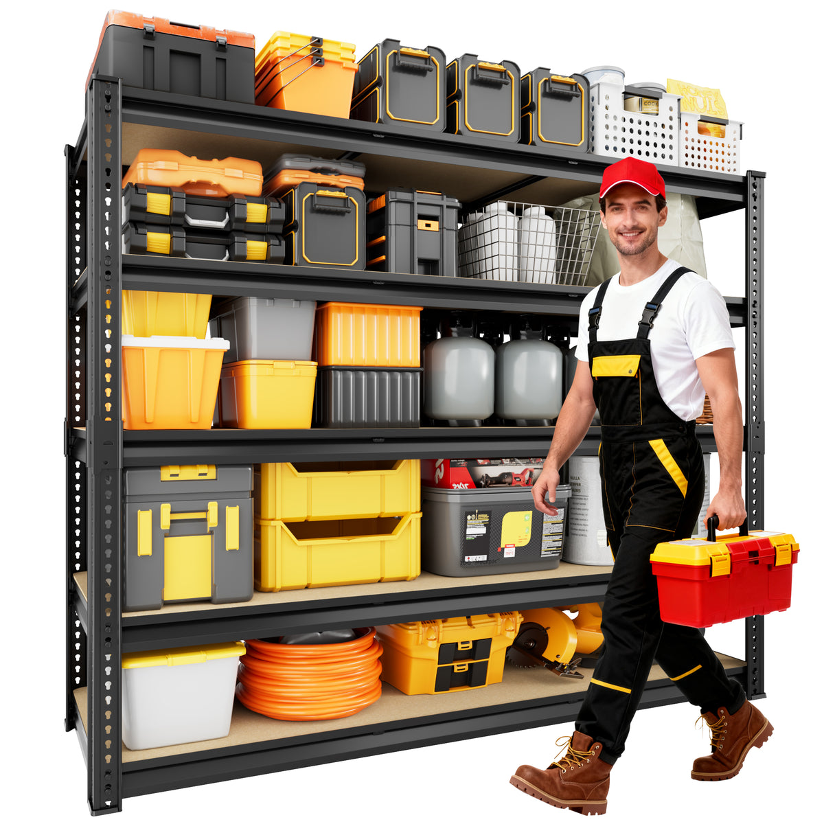 5-tier shelving unit with a worker and organized tool storage bins