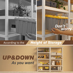 Adjustable closet storage shelf with bins and height comparison for positioning