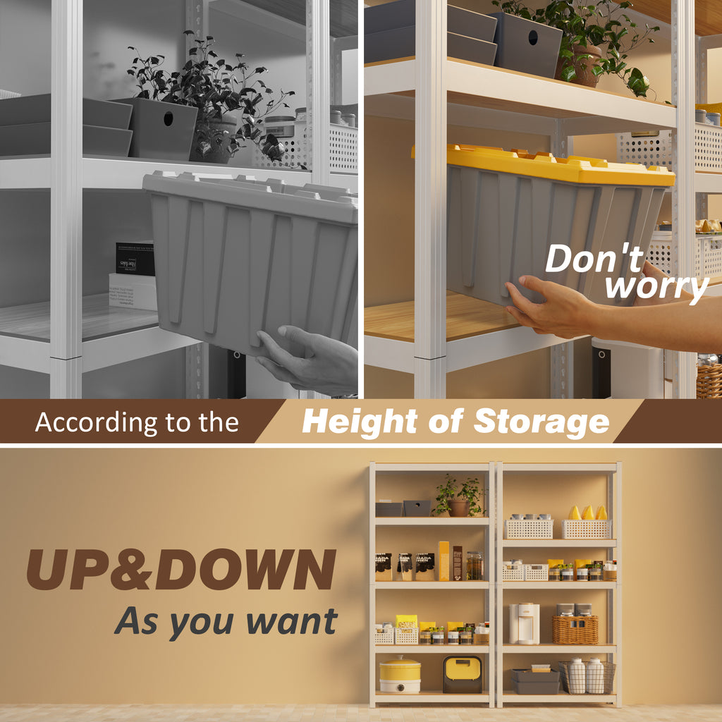 White 5-tier closet storage shelves with light wood shelves and open storage space
