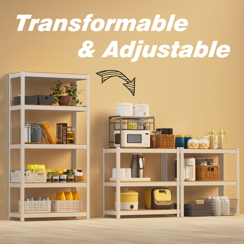 White 5-tier storage shelf with light wood boards and staged countertop items