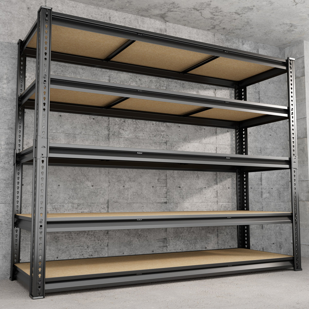 5-tier metal shelf rack with dark frame and beige MDF shelves against wall