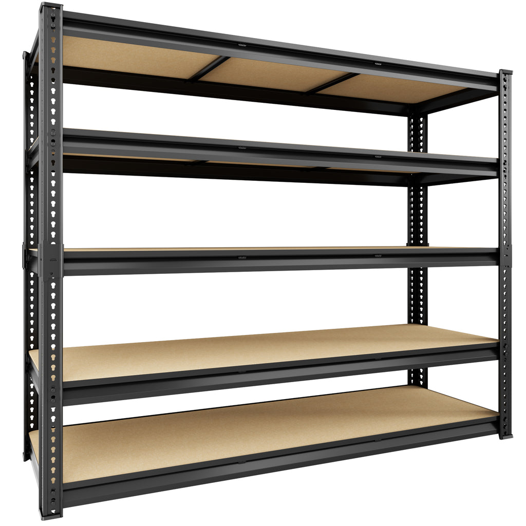 5-tier metal storage shelf with dark frame and light MDF board shelves