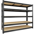5-tier metal storage shelf with dark frame and light MDF board shelves