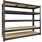 5-tier metal storage shelf with dark frame and light MDF board shelves