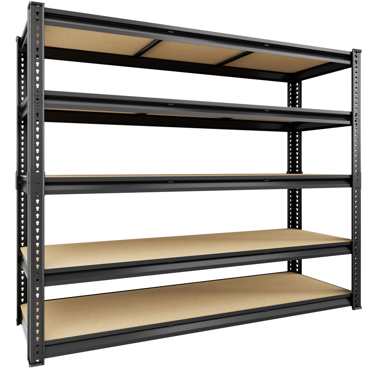 5-tier metal storage shelf with dark frame and light MDF board shelves