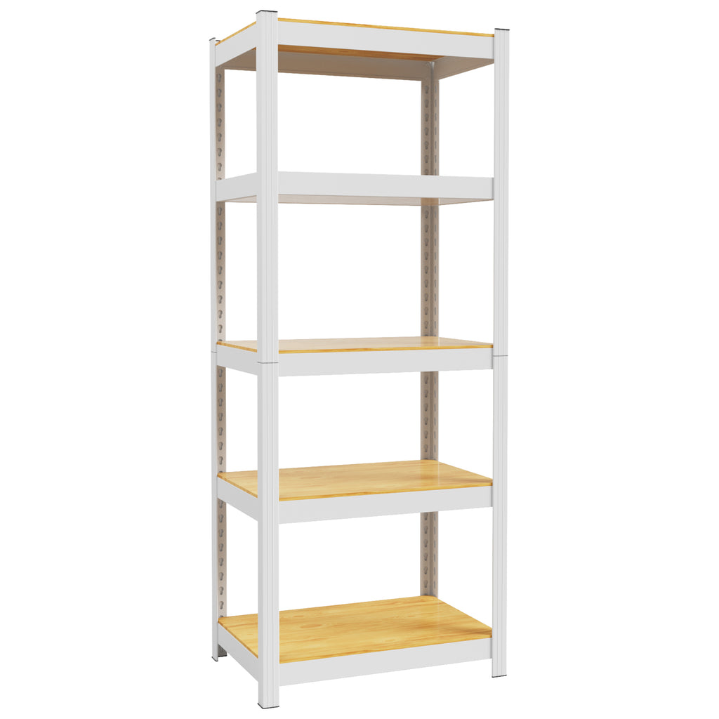 White 5-tier closet storage shelf unit with five open wooden-look shelves