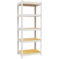 White 5-tier closet storage shelf unit with five open wooden-look shelves