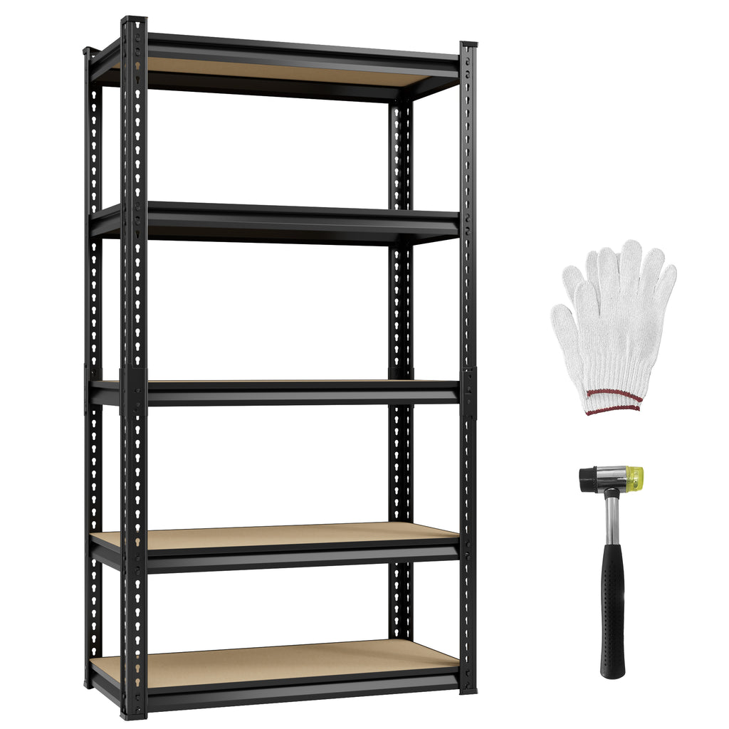 Black 5-tier steel shelving unit with MDF boards, shown from side angle