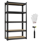 Black 5-tier steel shelving unit with MDF boards, shown from side angle