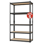 Black 5-tier MDF wood board shelving unit with steel frame and adjustable shelves