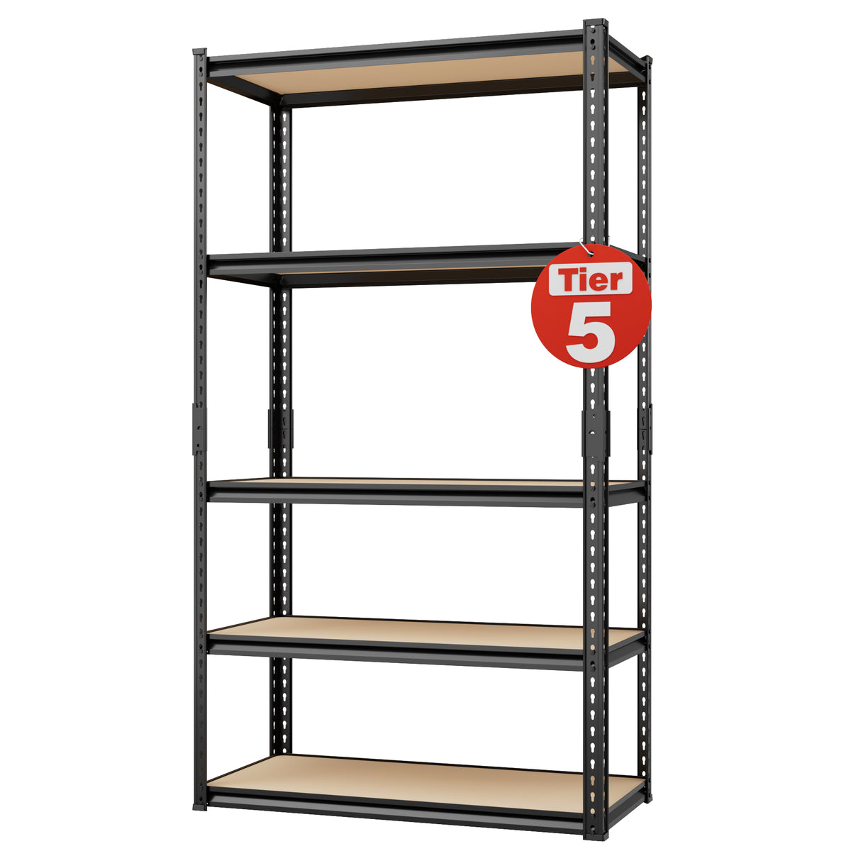 Black 5-tier MDF wood board shelving unit with steel frame and adjustable shelves