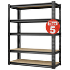 5-tier shelving unit with black steel uprights and beige MDF shelves.
