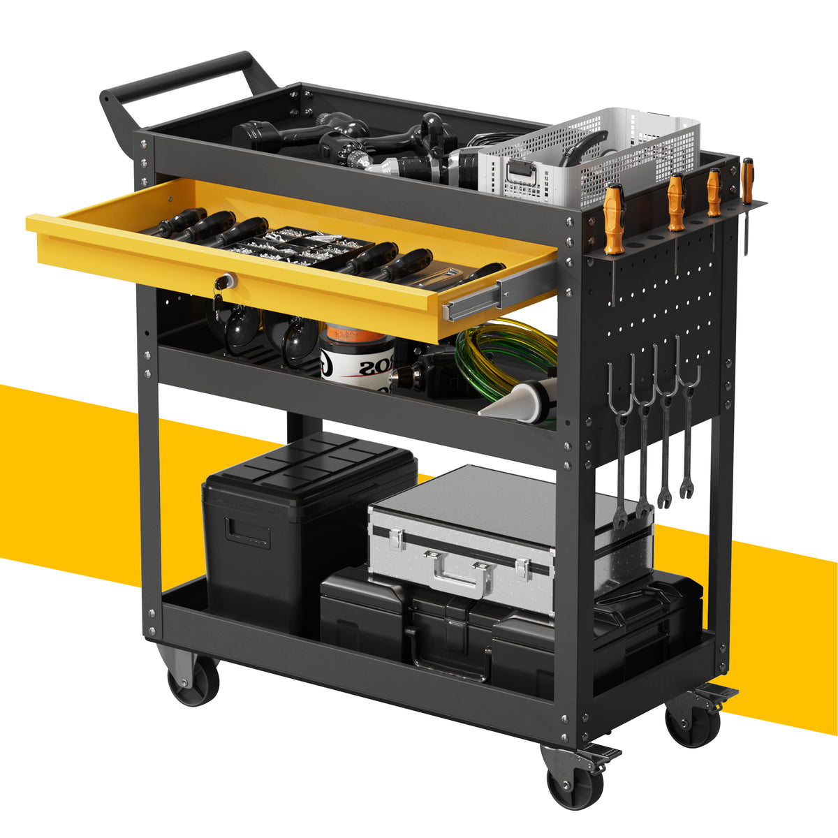 Rolling tool cart with yellow top drawer, open shelves, and hanging tool hooks