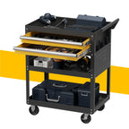 Black rolling tool cart with open drawers and slide trays, stocked tools, on caster wheels